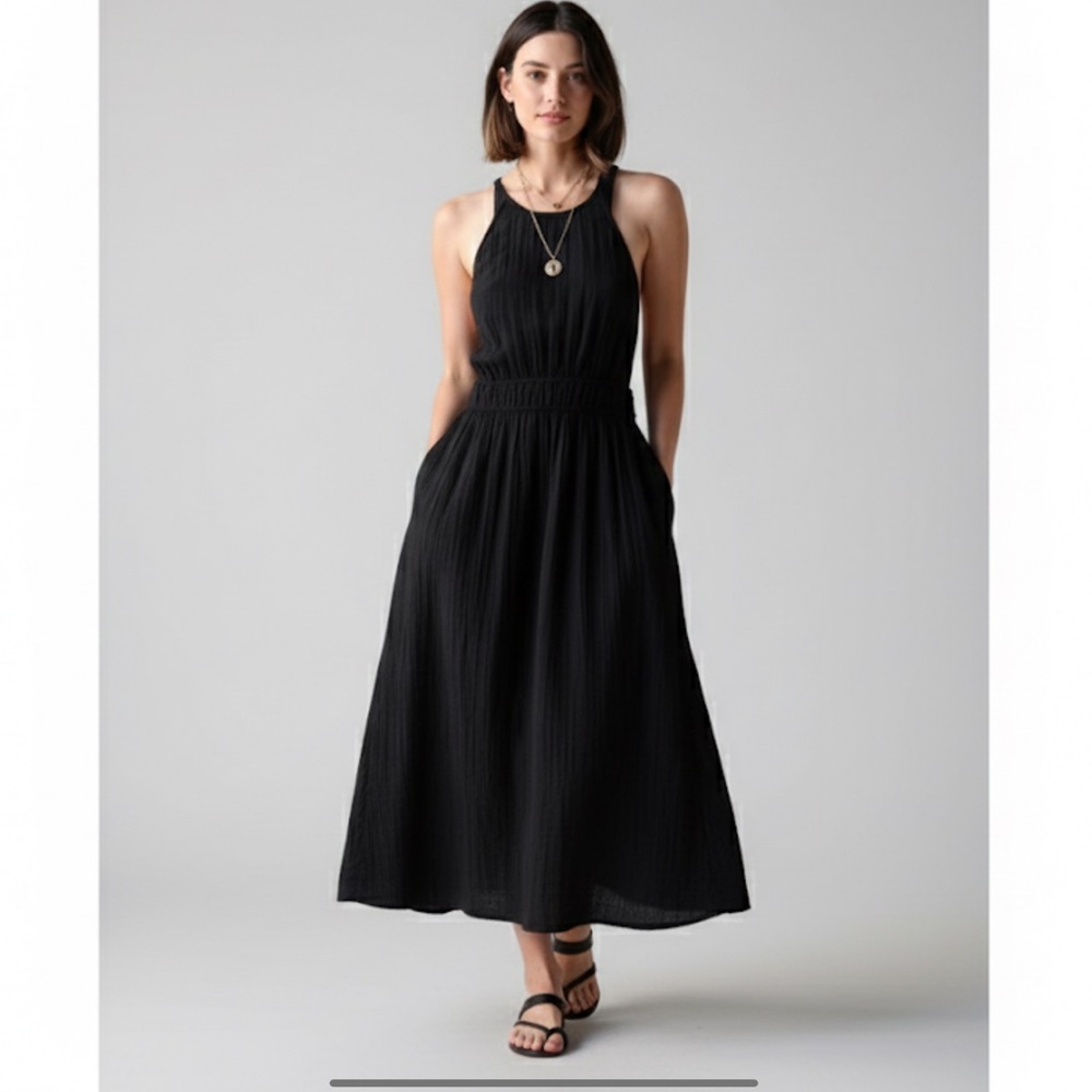Xirena Sienna Dress Cotton Poplin Cross Back Fit and Flare Black Midi S